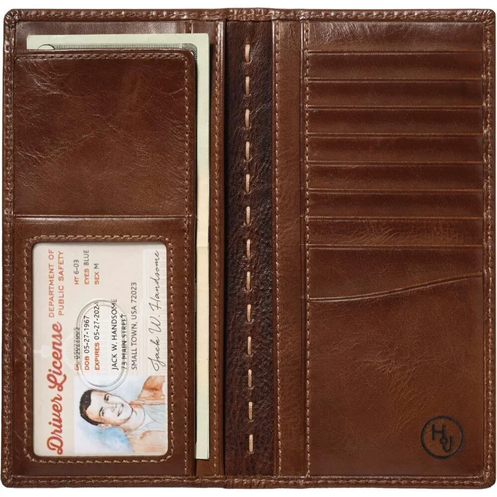 Men's Deer Ornament Long Bifold Leather Brown Wallet Purse Card Design Grain